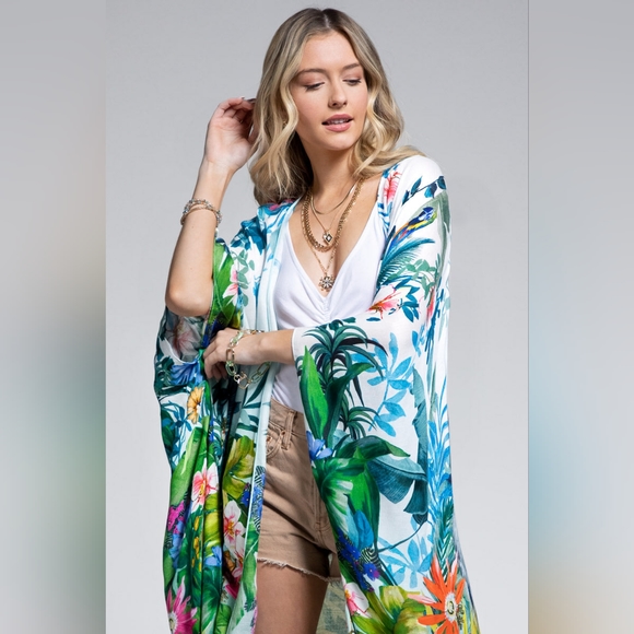 Tropical Rainforest Kimono w/ Vibrant Flowers & Elephant - Lightweight & Breezy - Picture 2 of 8